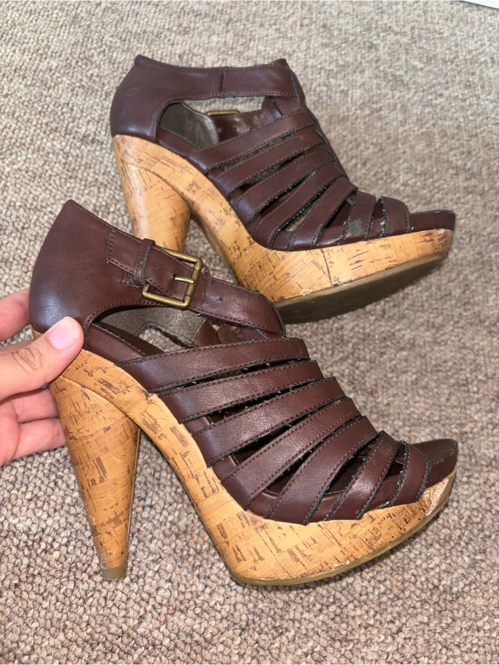 Charlotte Russe Brown Strappy Cork Wedge Heels